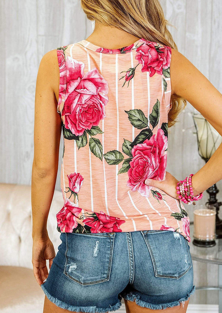 

Tank Tops Floral Striped O-Neck Casual Tank Top in Multicolor. Size: ,M