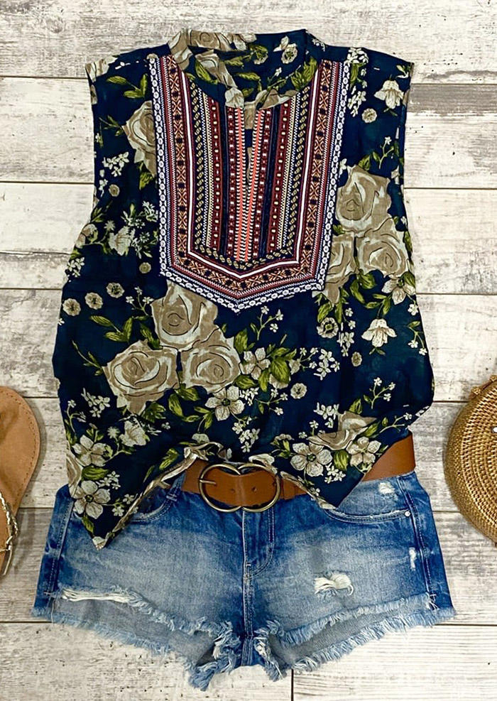 

Tank Tops Ethnic Style Floral Casual Tank Top in Navy Blue. Size