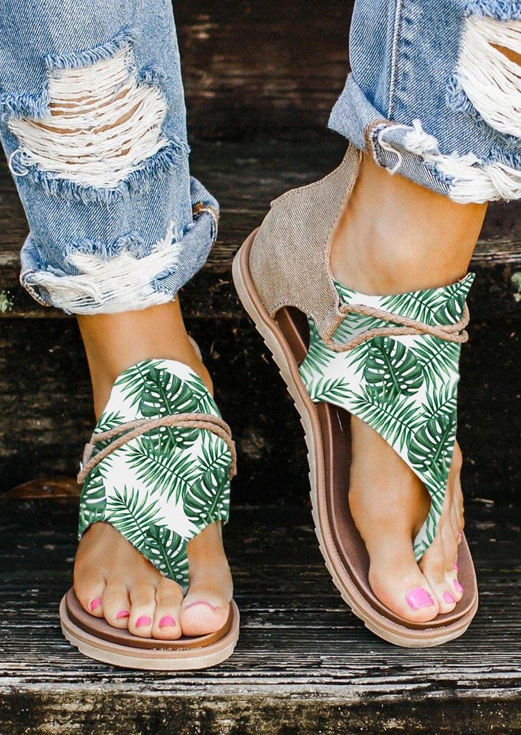

Sandals Women Summer Leaf Zipper Flat Sandals in Green. Size: ,38,39,40,41,42,43