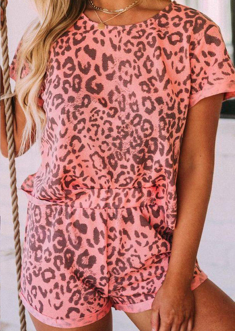 Leopard Open Back Twist Blouse And Shorts Two-Piece Set