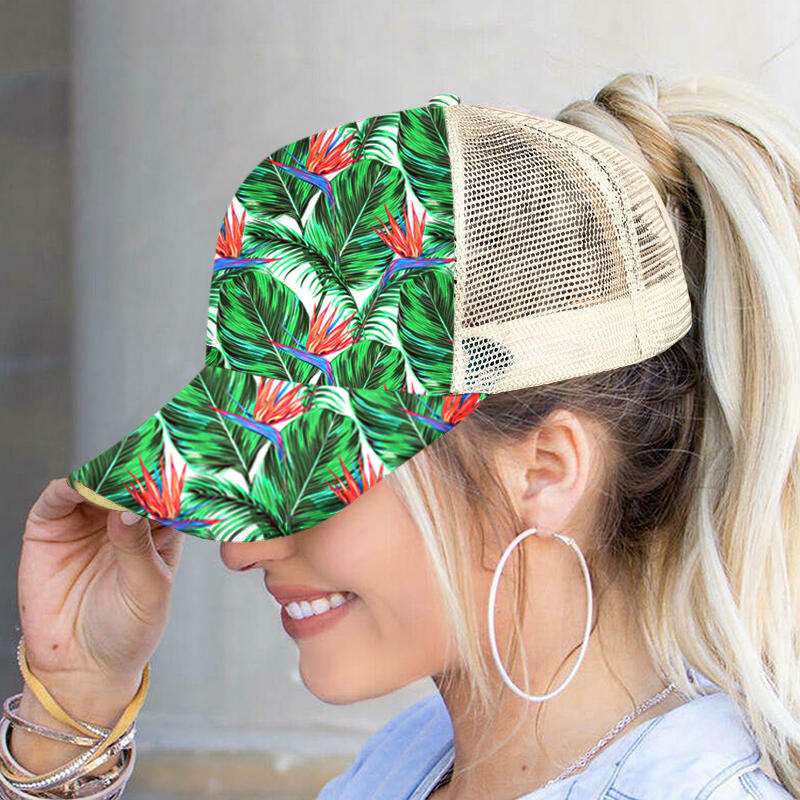 

Hats Floral Leaf Mesh Splicing Criss-Cross Baseball Cap in Green. Size
