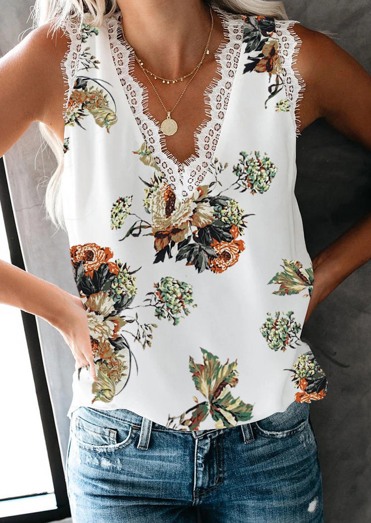 Tank Tops Floral Lace Splicing Tank Top without Necklace in White. Size: 2XL,L,M,XL