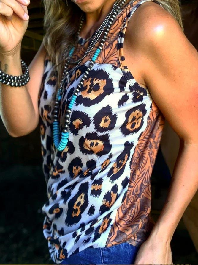 

Tank Tops Leopard Splicing Paisley O-Neck Tank Top in Leopard. Size: S,,L,XL