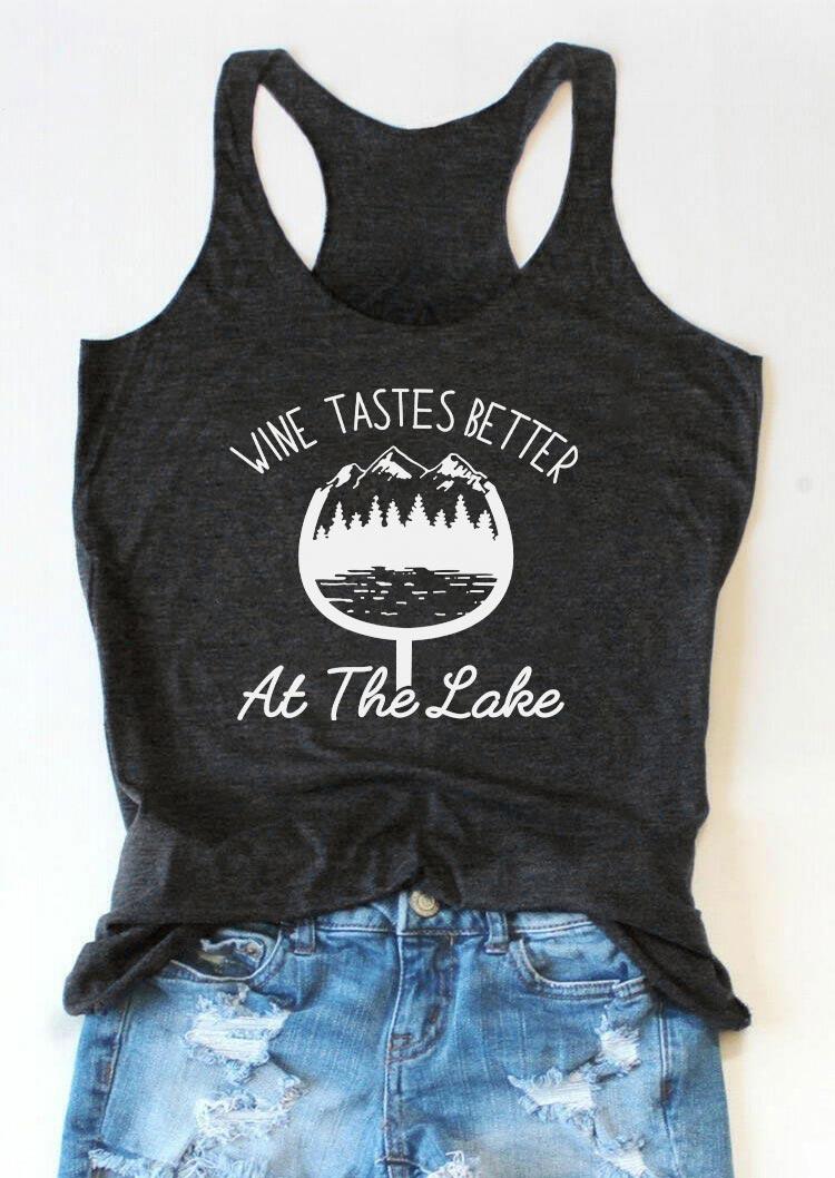 

Tank Tops Wine Tastes Better At The Lake Racerback Tank Top in Dark Grey. Size