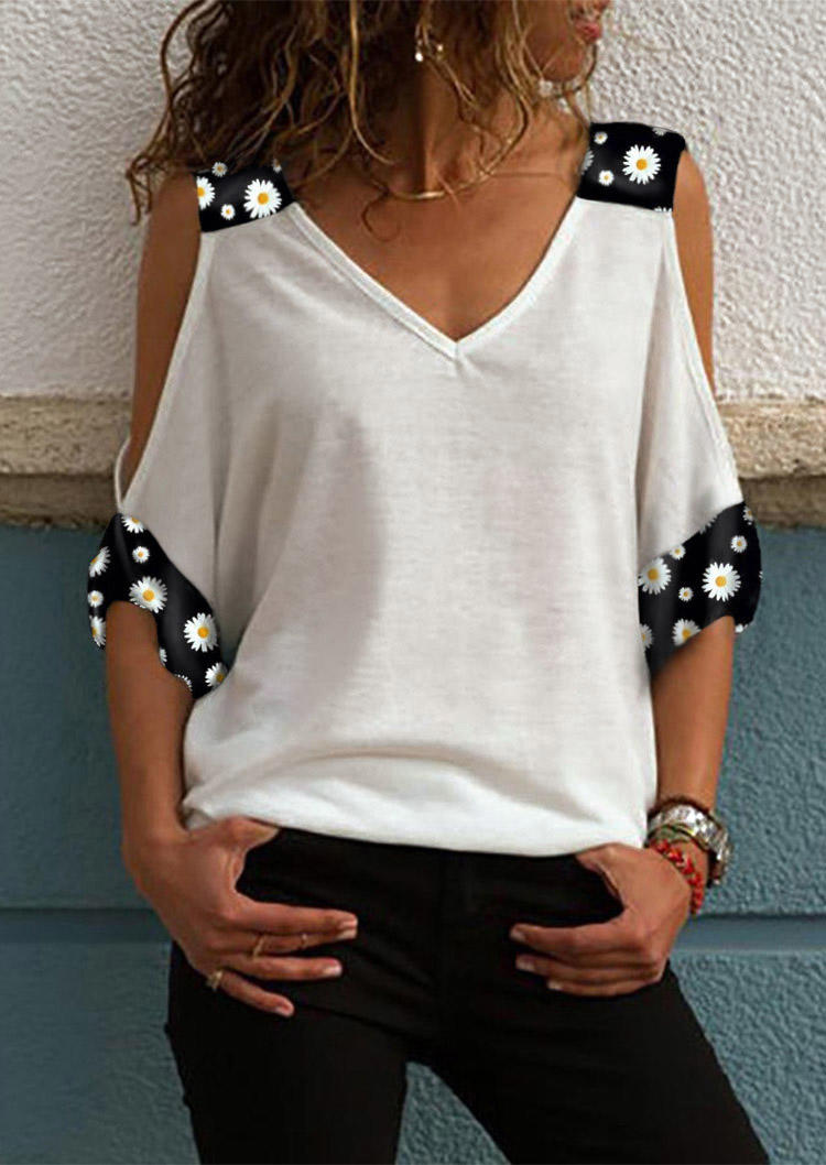 

Blouses Daisy Splicing Cold Shoulder V-Neck Blouse in White. Size: ,M,L