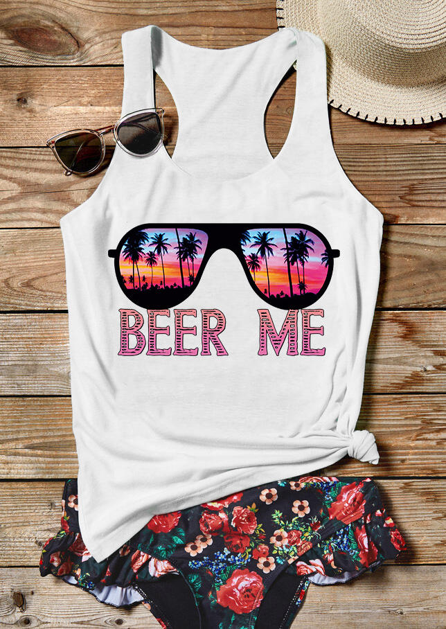 

Tank Tops Beer Me Sunglasses Beach Sunrise Racerback Tank Top in White. Size: ,XL