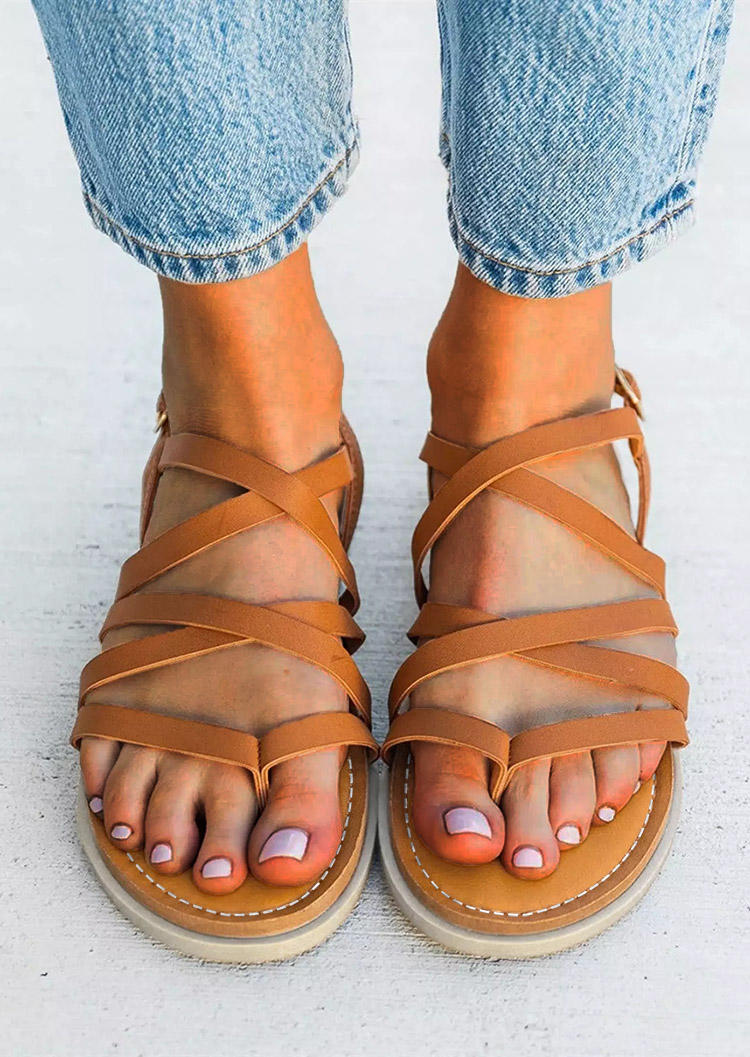 

Sandals Summer Criss-Cross Buckle Strap Flat Sandals in Brown. Size