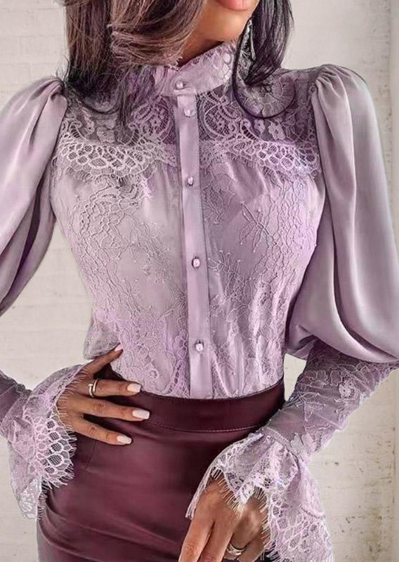 

Shirts Ruffled Lace Splicing Button Lantern Sleeve Shirt in Light Purple. Size: ,M,L