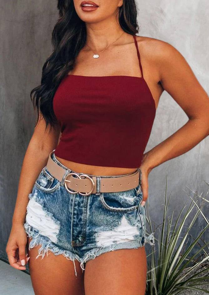 

Crop Tops Open Back Lace Up Spaghetti Strap Crop Top in Burgundy. Size: ,XL