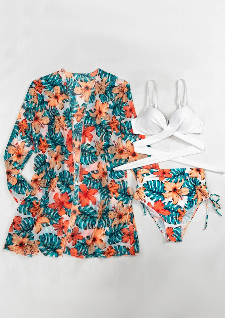 

Bikini Sets 3Pcs Palm Leaf Floral High Waist Bikini Set in Multicolor. Size