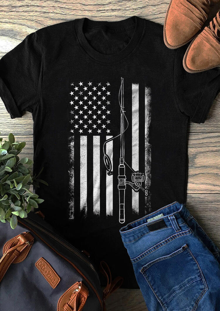 

T-shirts Tees American Flag Striped Star Fishing Rod T-Shirt Tee in Black. Size