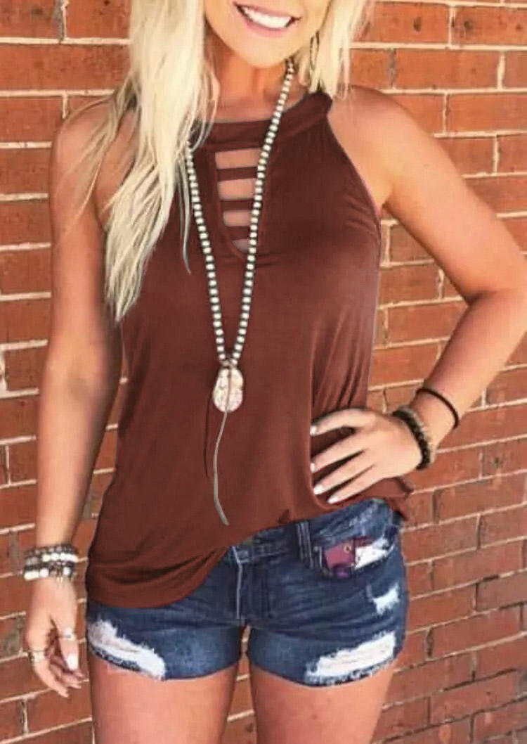 

Tank Tops Hollow Out Keyhole Neck Halter Tank Top in Coffee. Size