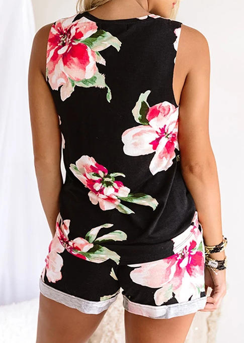 

Two-Piece Sets Floral Tank And Drawstring Elastic Waist Shorts Two-Piece Set in Black. Size