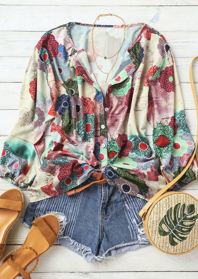 

Blouses Vintage Floral Button Elastic Cuff Blouse in Multicolor. Size