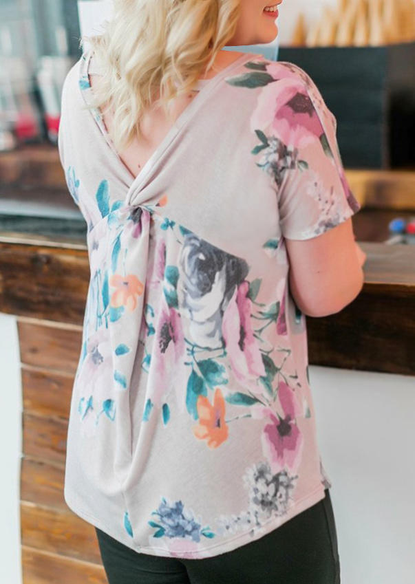 Floral Twist O-Neck Casual Blouse - Khaki
