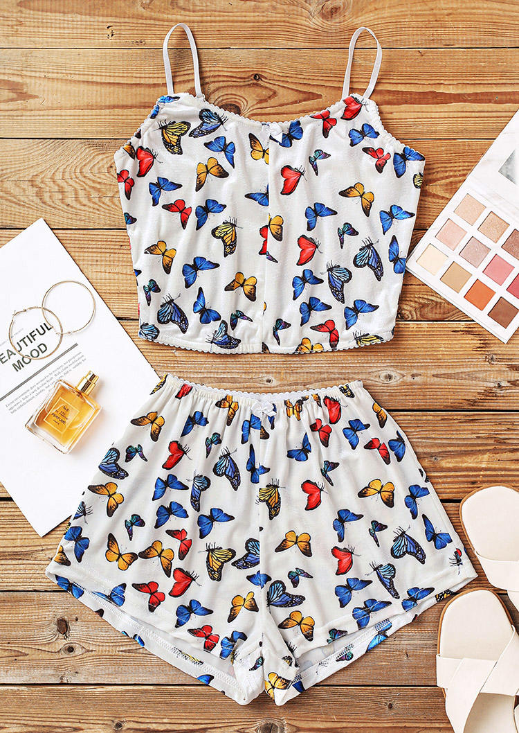 

Sleepwear Butterfly Lace Splicing Bowknot Crop Top And Shorts Pajamas Set in White. Size