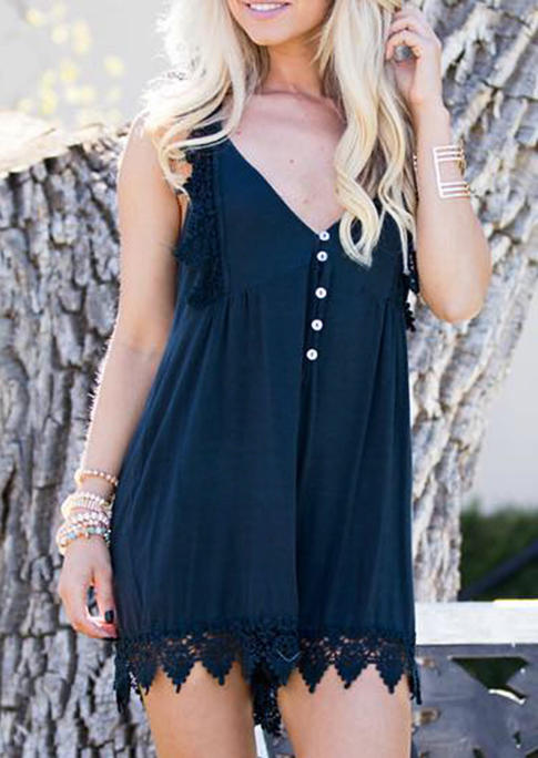 Jumpsuits & Rompers Open Back Tie Lace Splicing Button Romper in Navy Blue. Size: S,M,L,XL