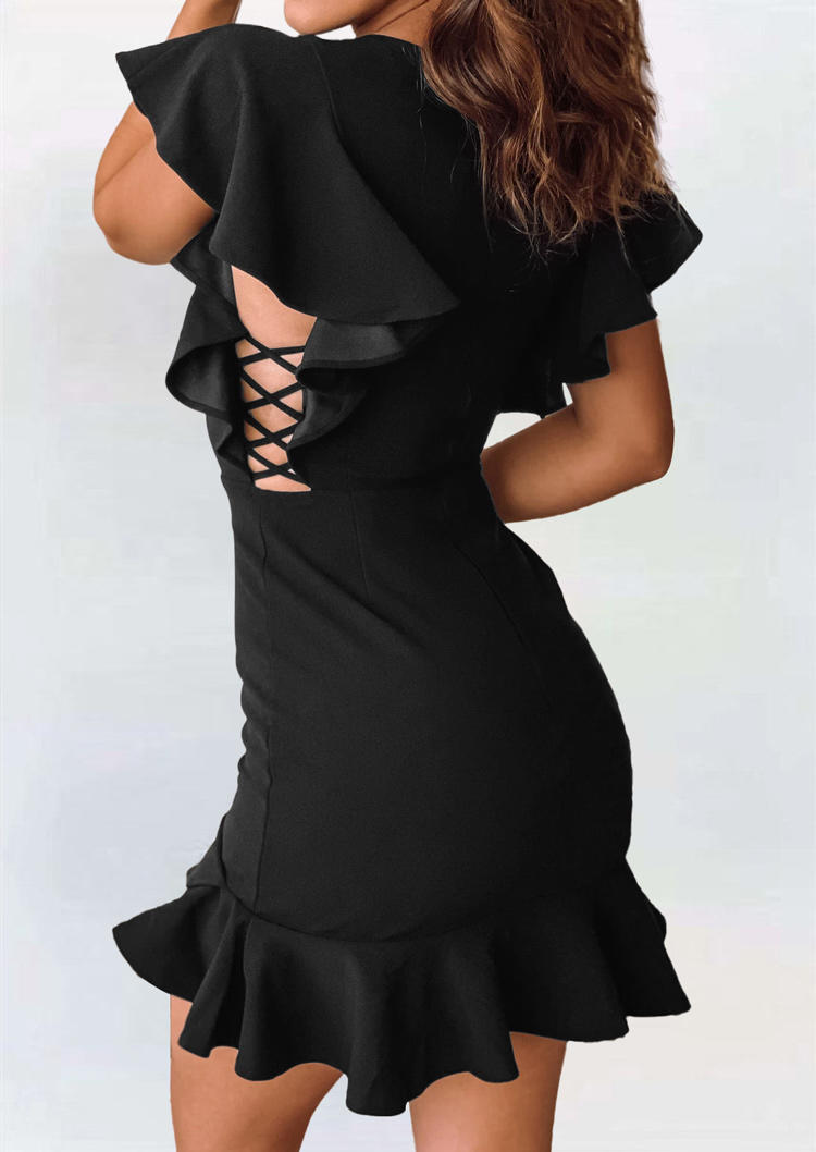 

Bodycon Dresses Criss-Cross Ruffled O-Neck Bodycon Dress in Black. Size: ,M,L,XL