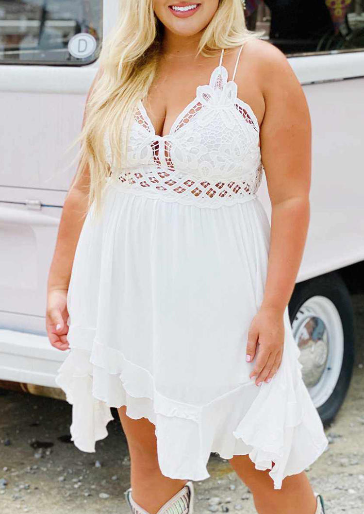 

Plus Size Dresses Plus Size Hollow Out Lace Spaghetti Strap Mini Dress in White. Size: ,XL