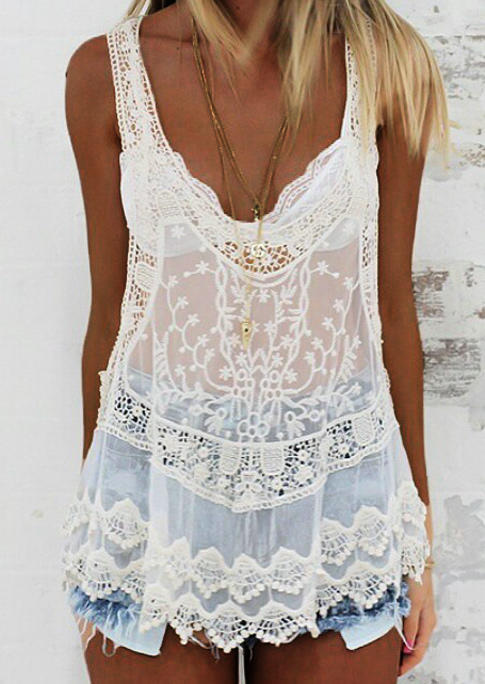 

Tank Tops Floral Lace Sleeveless Tank Top in White. Size