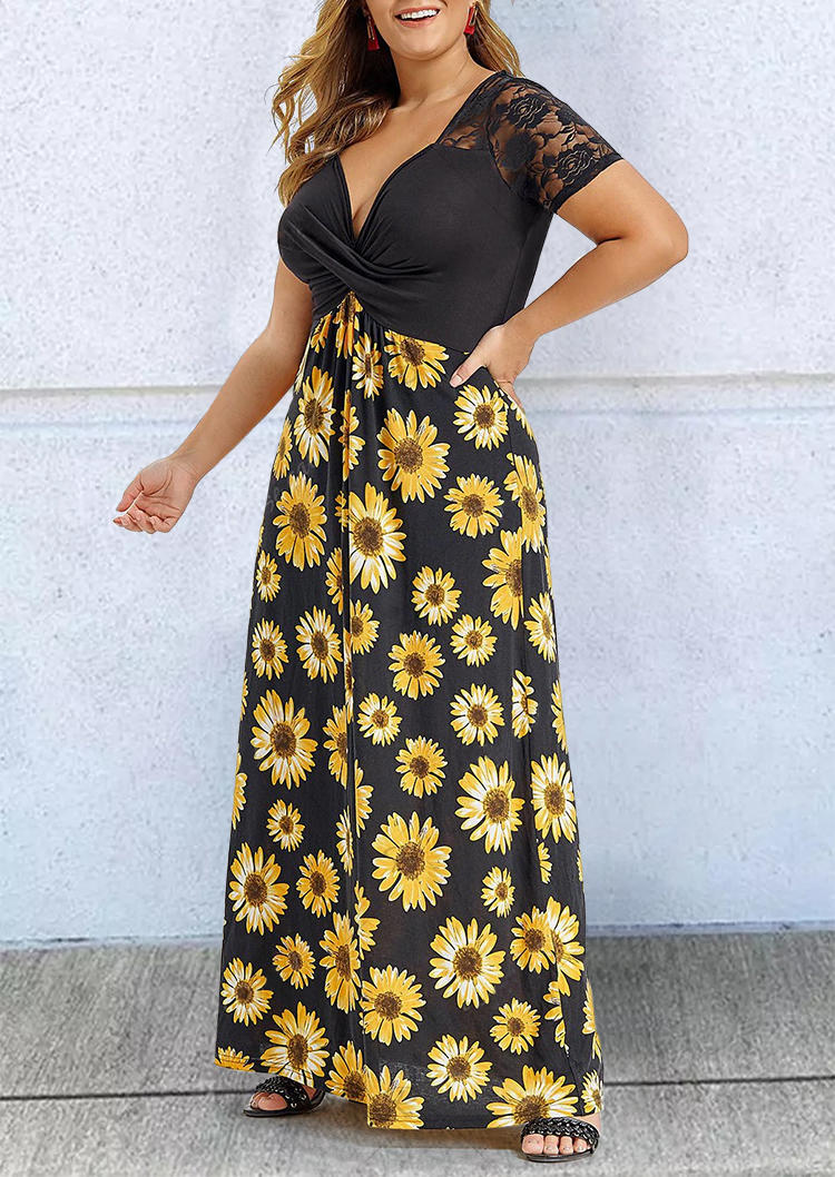 Plus Size Dresses Plus Size Sunflower Lace Ruffled Maxi Dress in Black. Size: L,XL,5XL