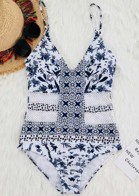 

One-Pieces Swimsuit Bohemian Floral Mesh Splicing One-Piece Bathing Suit Swimwear in White. Size