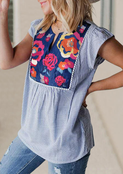 

Blouses Floral Striped Splicing Cap Sleeve Blouse in Multicolor. Size