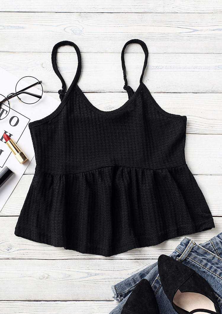 

Tank Tops Ruffled Waffle Casual Camisole in Black. Size: ,L