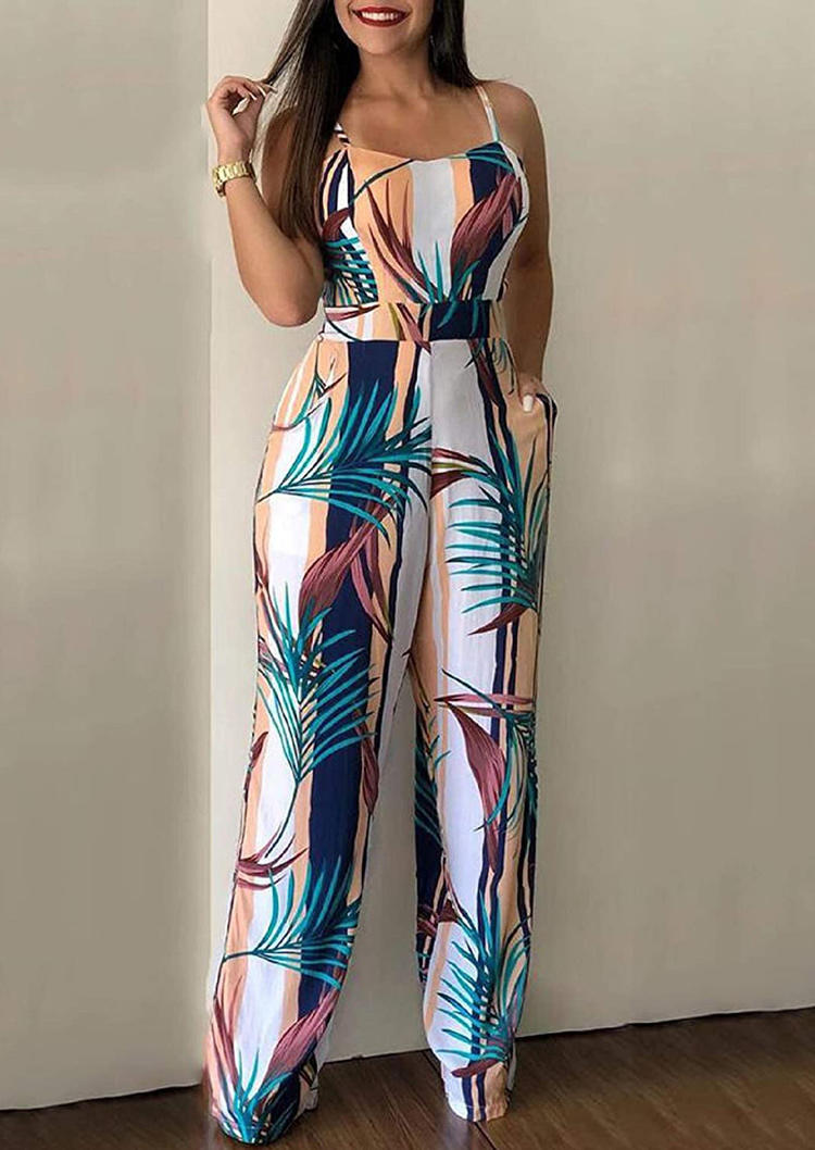 

Jumpsuits & Rompers Palm Leaf Pocket Spaghetti Strap Jumpsuit in Multicolor. Size