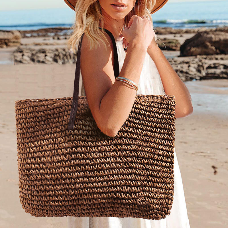 

Handbag Summer Straw Crochet Beach Handbag in Coffee. Size