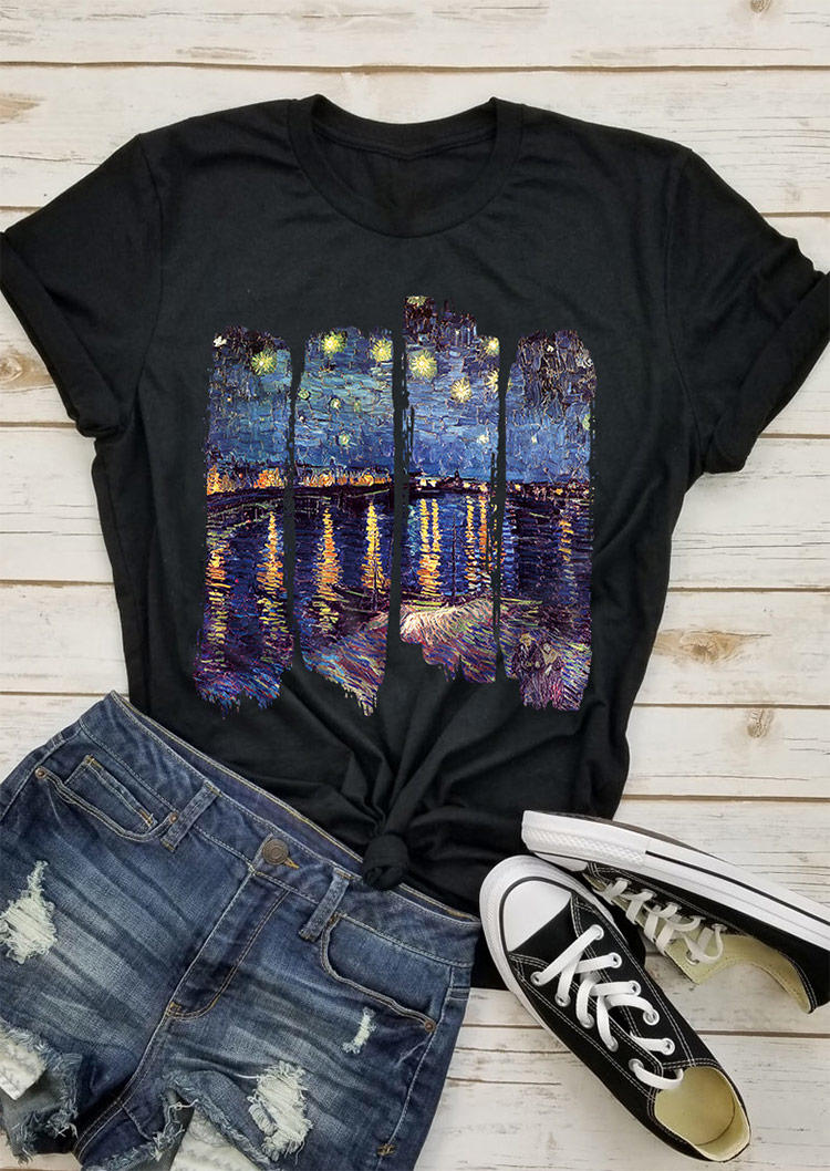 

T-shirts Tees Van Gogh Starry Night O-Neck T-Shirt Tee in Black. Size: ,XL