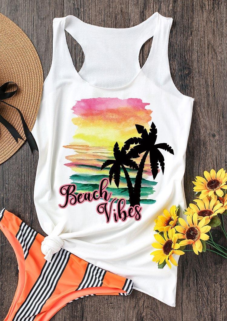 

Tank Tops Beach Vibes Coconut Tree Racerback Tank Top in White. Size