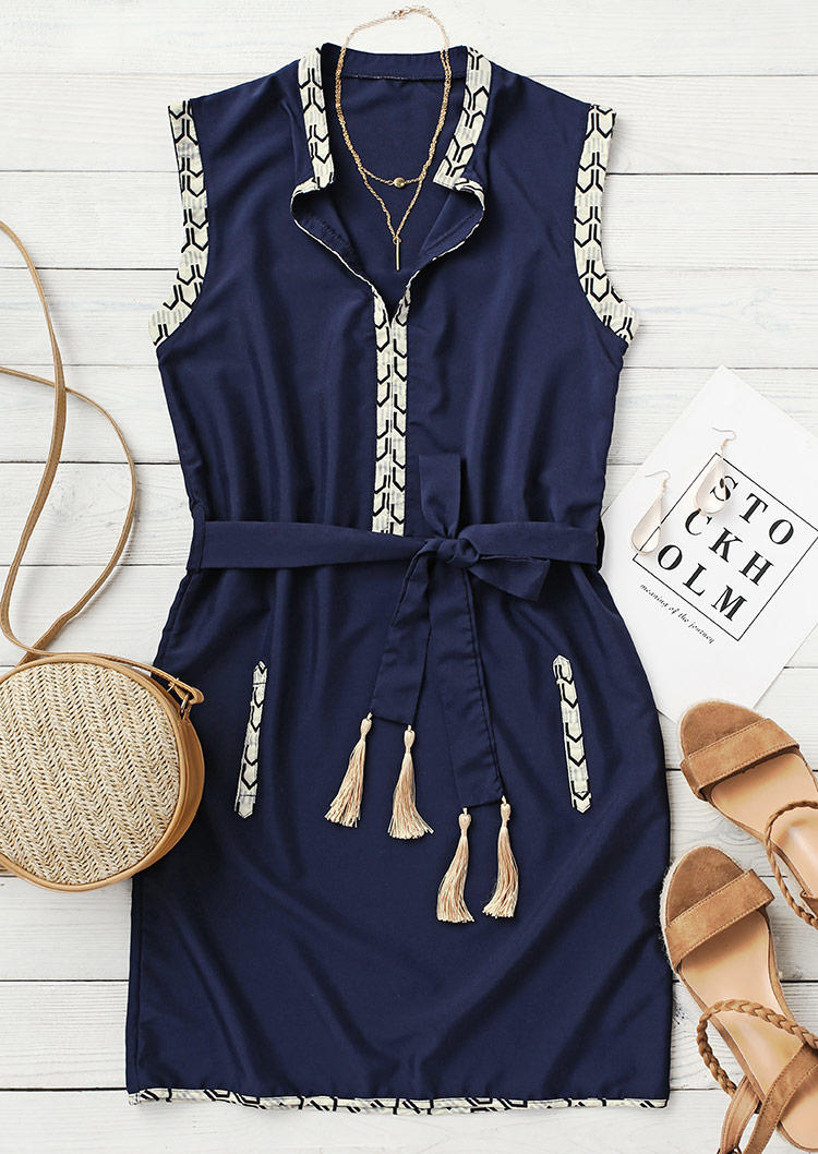 

Mini Dresses Tassel Sleeveless V-Neck Mini Dress in Navy Blue. Size