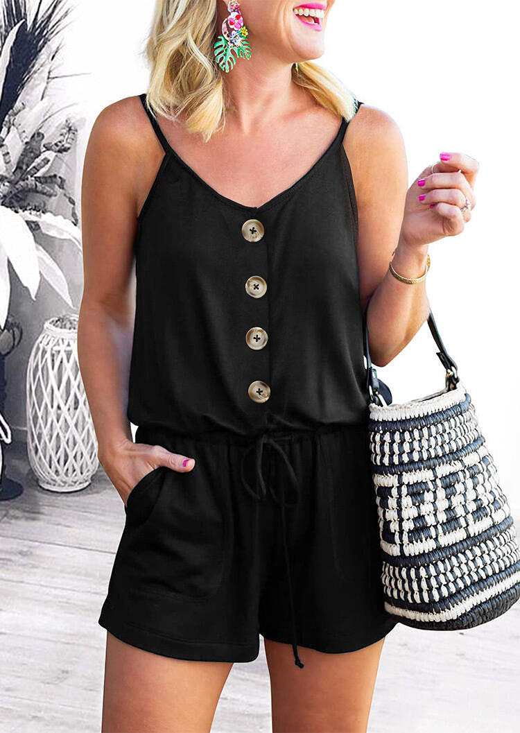 

Jumpsuits & Rompers Button Pocket Drawstring V-Neck Romper in Black. Size