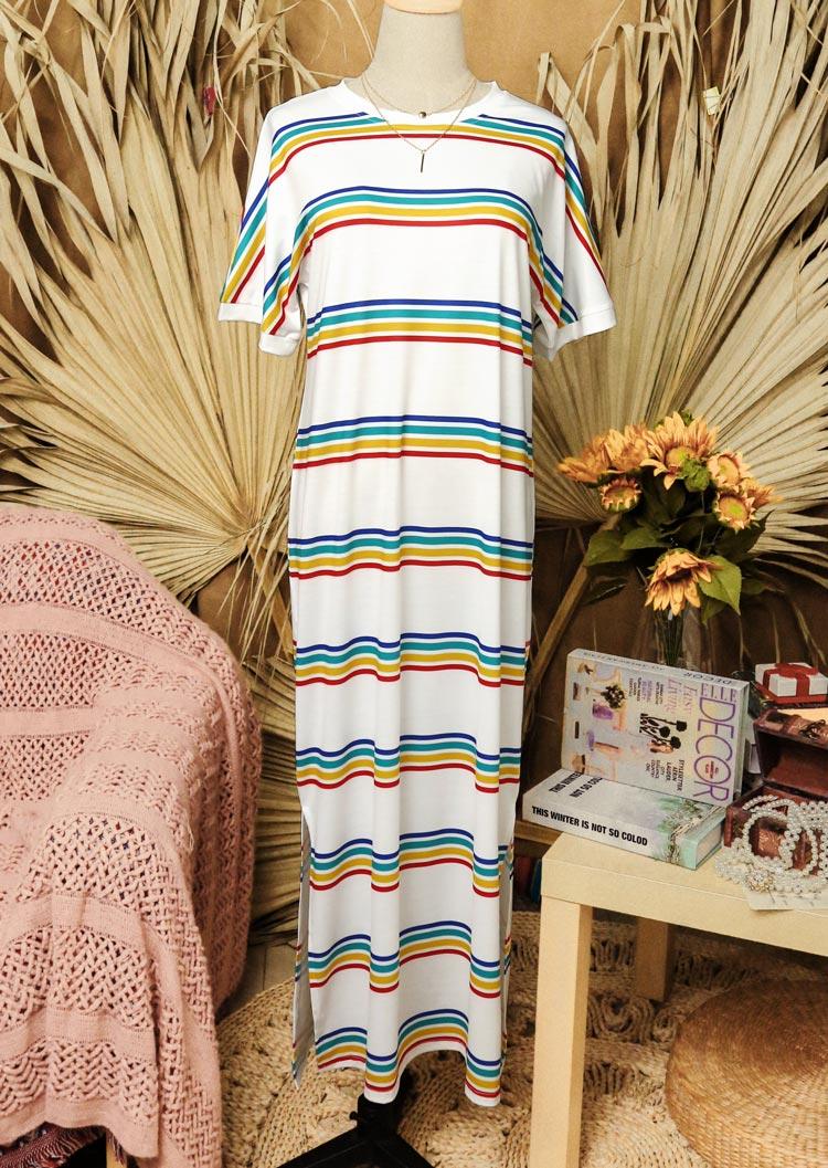 Colorful Striped Slit O-Neck Casual Dress - White