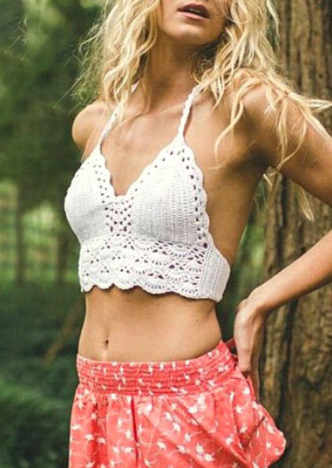 

Crop Tops Crochet Knitted Halter Tie Open Back Crop Top in White. Size