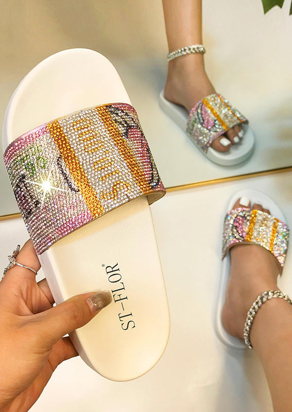 

Slippers Dollar Money Graphic Rhinestone Flat Slippers in White. Size: ,39,40