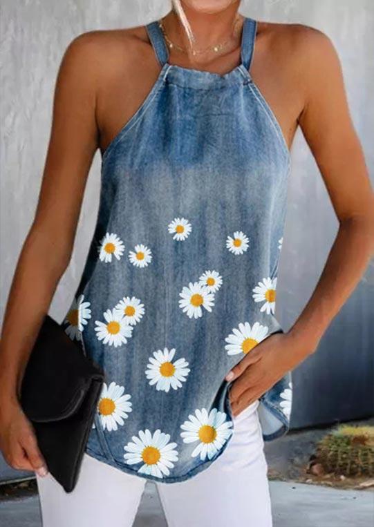 

Tank Tops Daisy Sleeveless Halter Casual Camisole in Light Blue. Size