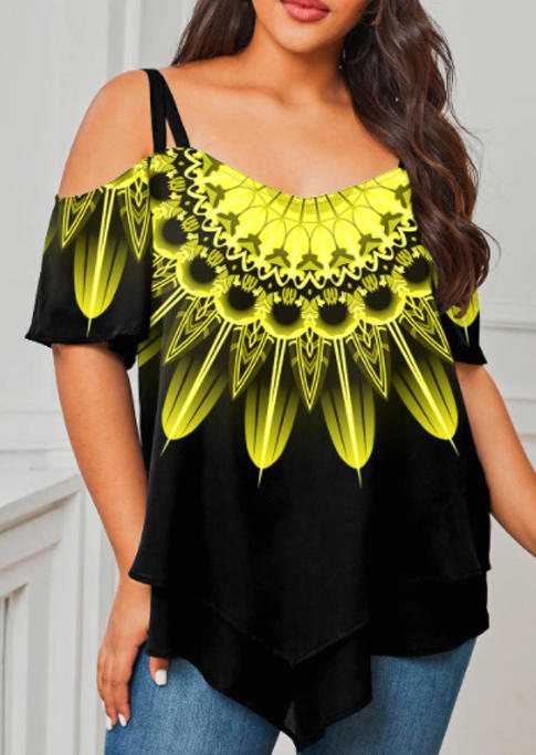 

Plus Size Tops Plus Size Sunflower Layered Cold Shoulder Blouse in Yellow. Size: ,XL