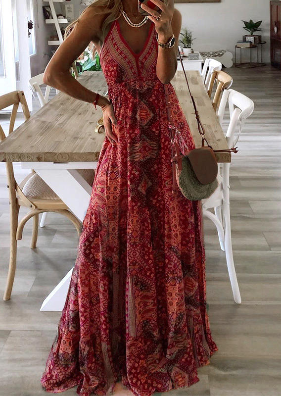 

Maxi Dresses Bohemian Floral Geometric V-Neck Maxi Dress in Red. Size