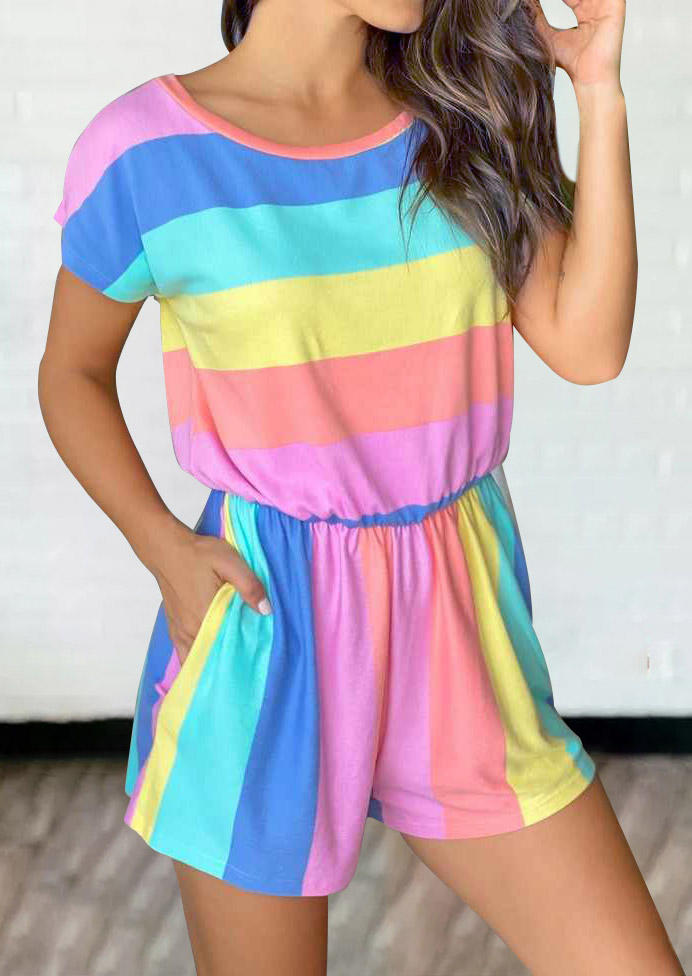 Jumpsuits & Rompers Colorful Striped Elastic Waist Pocket Romper in Multicolor. Size: M,L