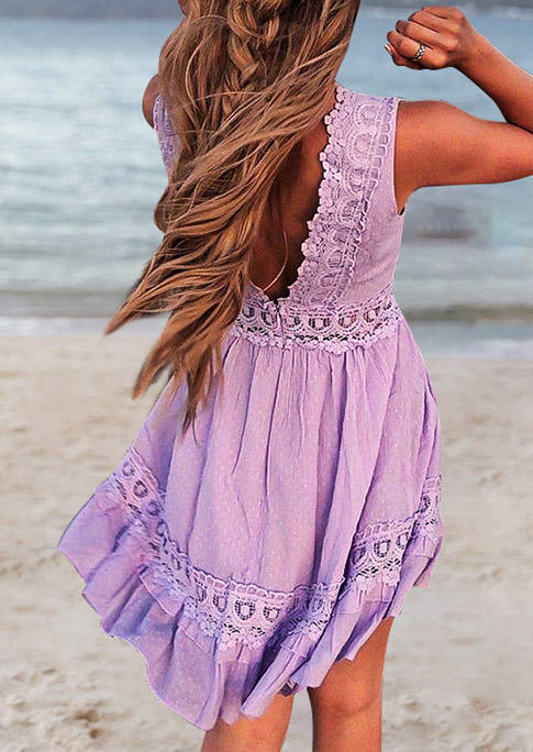 

Mini Dresses Lace Splicing Open Back Sleeveless Mini Dress in Purple. Size: ,L
