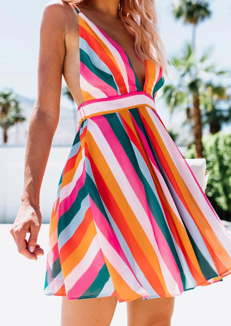 

Mini Dresses Rainbow Striped Criss-Cross Open Back V-Neck Mini Dress in Multicolor. Size: ,M,L,XL
