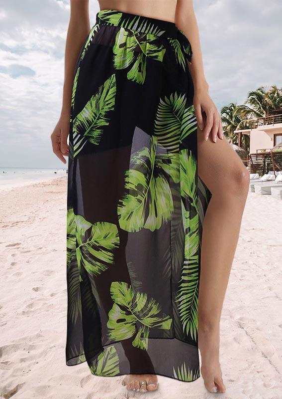 

Cover Ups Palm Leaf Slit Elastic Waist Long Skirt Cover Up in Black. Size