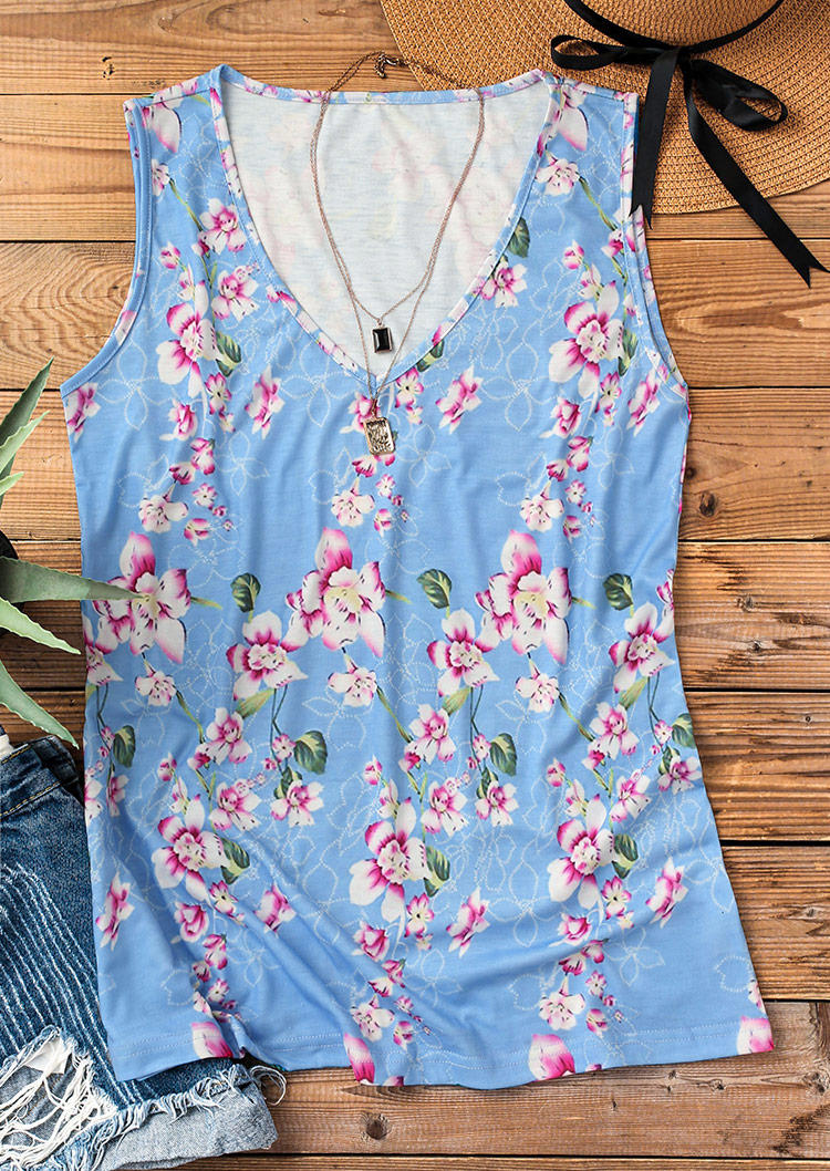 

Tank Tops Floral Leaf V-Neck Casual Tank Top in Light Blue. Size