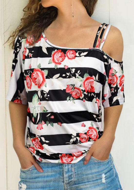 

Blouses Floral Striped One Sided Cold Shoulder Blouse in Multicolor. Size