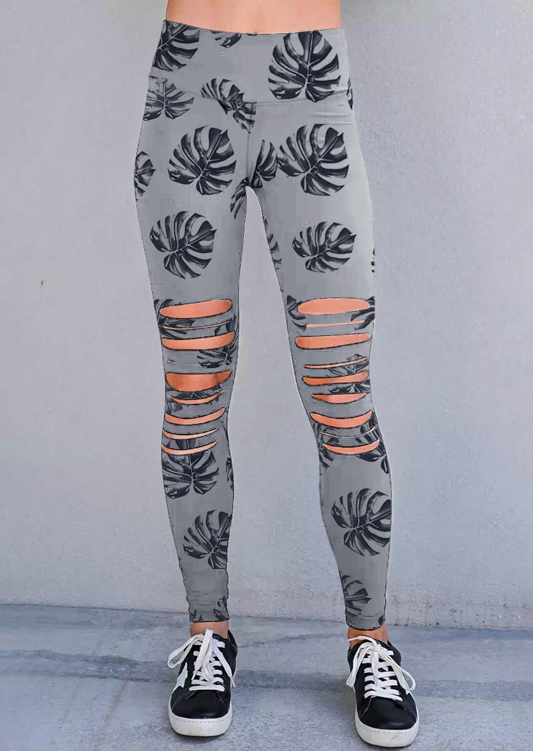 Leggings Palm Leaf Hollow Out High Waist Sports Skinny Legging in Gray. Size: S,M,L