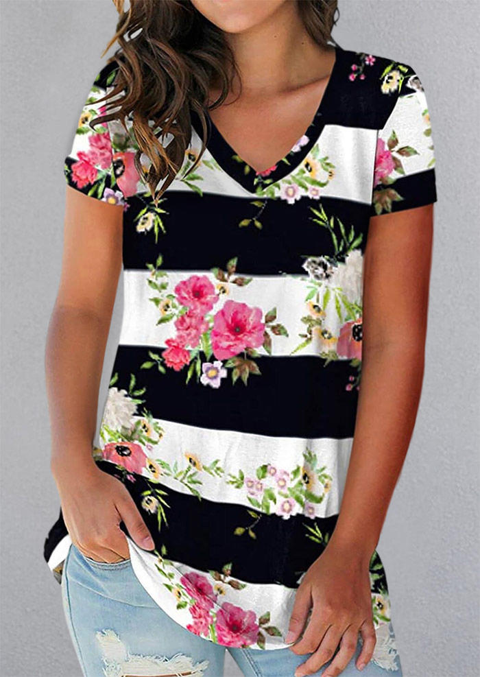 

Blouses Floral Striped V-Neck Casual Blouse in Multicolor. Size