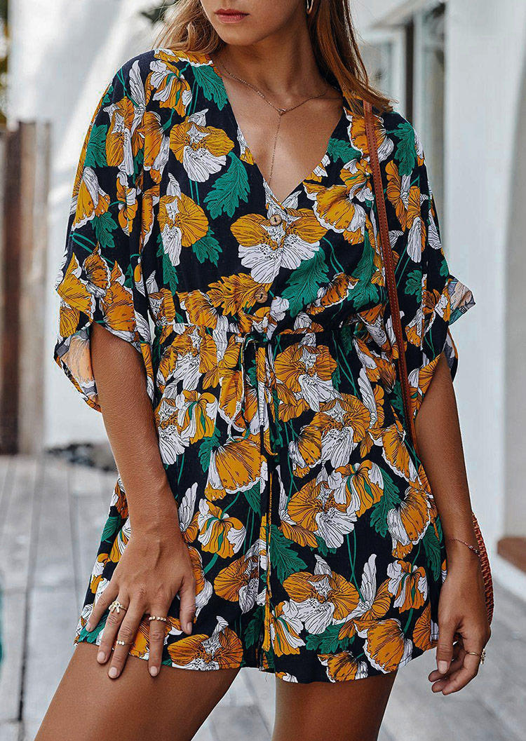 

Jumpsuits & Rompers Floral Leaf Button Drawstring V-Neck Romper in Navy Blue. Size: ,XL