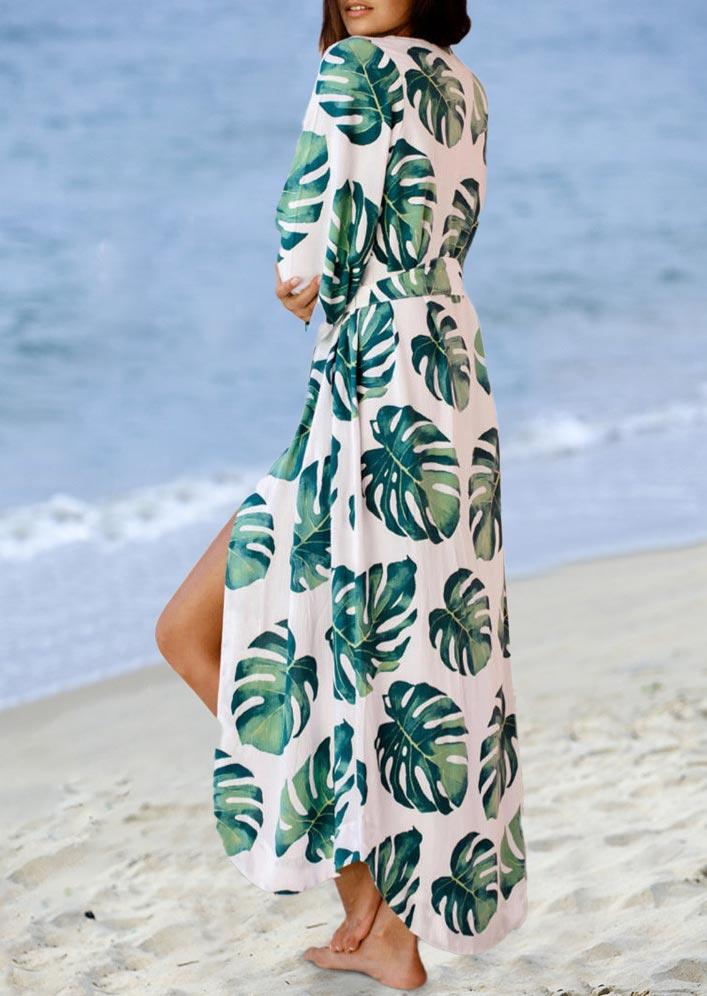 

Cover Ups Palm Leaf Three Quarter Sleeve Open Front Cover Up with Belt in Multicolor. Size